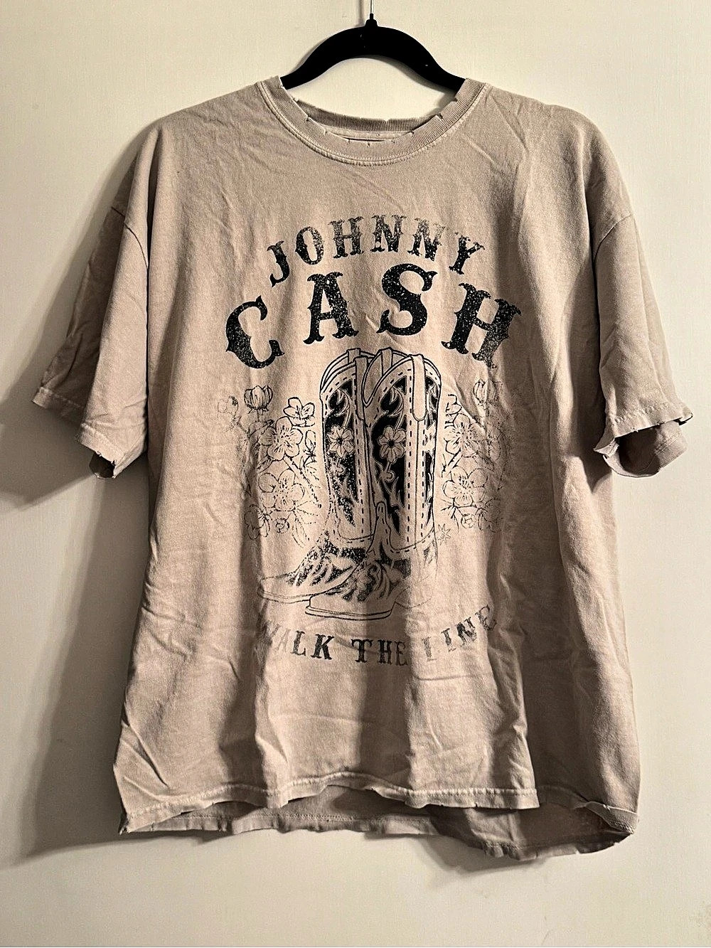 Johnny Cash I Walk The Line Cowboy Boots Graphic T-Shirt Cream